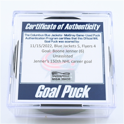 Boone Jenner - Columbus Blue Jackets - Goal Puck - November 15, 2022 vs. Philadelphia Flyers (Blue Jackets Logo) 
