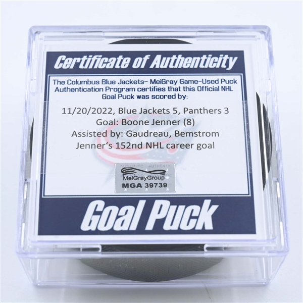 Boone Jenner - Columbus Blue Jackets - Goal Puck - November 20, 2022 vs. Florida Panthers (Blue Jackets Logo) 