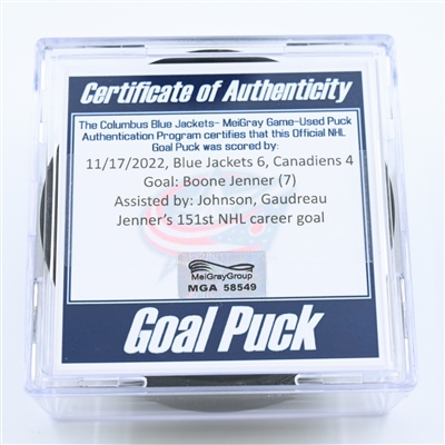 Boone Jenner - Columbus Blue Jackets - Goal Puck - November 17, 2022 vs. Montreal Canadiens (Blue Jackets Logo) 