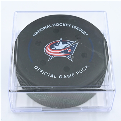 Boone Jenner - Columbus Blue Jackets - Goal Puck - November 17, 2022 vs. Montreal Canadiens (Blue Jackets Logo) 
