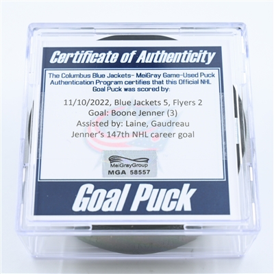 Boone Jenner - Columbus Blue Jackets - Goal Puck - November 10, 2022 vs. Philadelphia Flyers (Blue Jackets Logo)