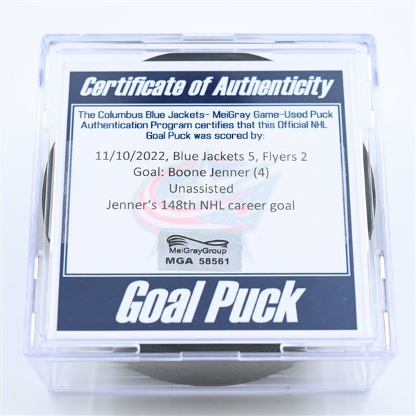 Boone Jenner - Columbus Blue Jackets - Goal Puck - November 10, 2022 vs. Philadelphia Flyers (Blue Jackets Logo)