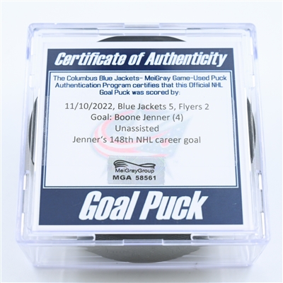 Boone Jenner - Columbus Blue Jackets - Goal Puck - November 10, 2022 vs. Philadelphia Flyers (Blue Jackets Logo)