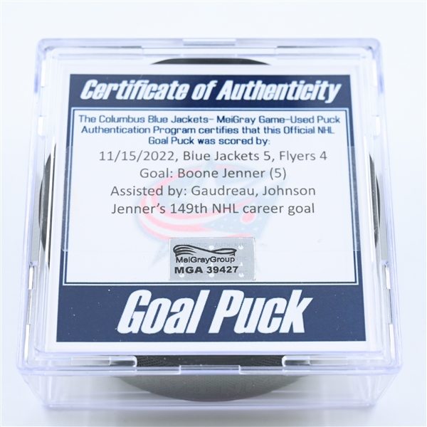 Boone Jenner - Columbus Blue Jackets - Goal Puck - November 15, 2022 vs. Philadelphia Flyers (Blue Jackets Logo) 