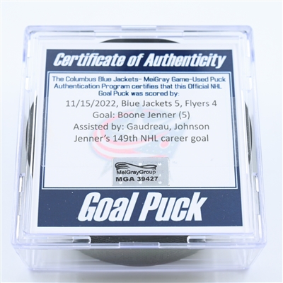 Boone Jenner - Columbus Blue Jackets - Goal Puck - November 15, 2022 vs. Philadelphia Flyers (Blue Jackets Logo) 
