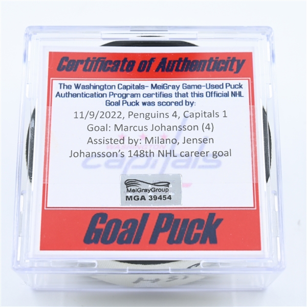 Marcus Johansson - Washington Capitals - Goal Puck - November 9, 2022 vs. Pittsburgh Penguins (Capitals Logo) 