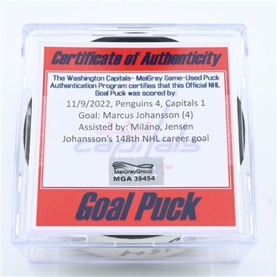 Marcus Johansson - Washington Capitals - Goal Puck - November 9, 2022 vs. Pittsburgh Penguins (Capitals Logo) 