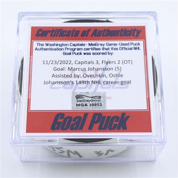 Marcus Johansson - Washington Capitals - Goal Puck - November 23, 2022 vs. Philadelphia Flyers (Capitals Logo) 