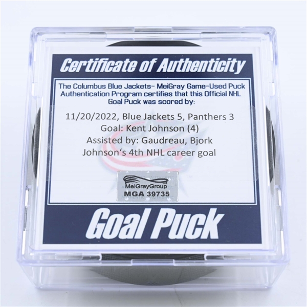 Kent Johnson - Columbus Blue Jackets - Goal Puck - November 20, 2022 vs. Florida Panthers (Blue Jackets Logo) 