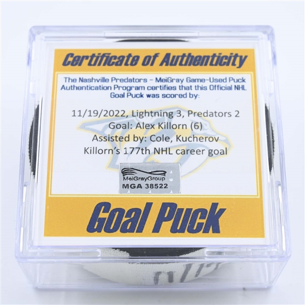 Alex Killorn - Tampa Bay Lightning - Goal Puck - November 19, 2022 vs. Nashville Predators (Predators Logo) 