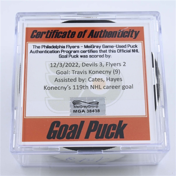 Travis Konecny - Philadelphia Flyers - Goal Puck - December 3, 2022 vs. New Jersey Devils (Flyers Logo) 