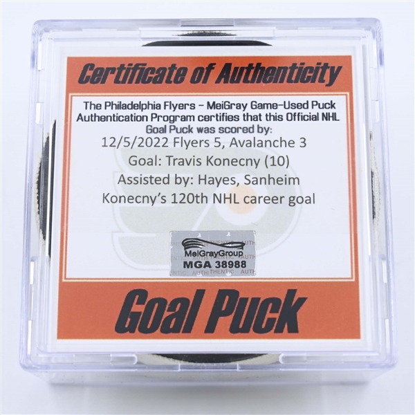 Travis Konecny - Philadelphia Flyers - Goal Puck - December 5, 2022 vs. Colorado Avalanche (Flyers Logo) 