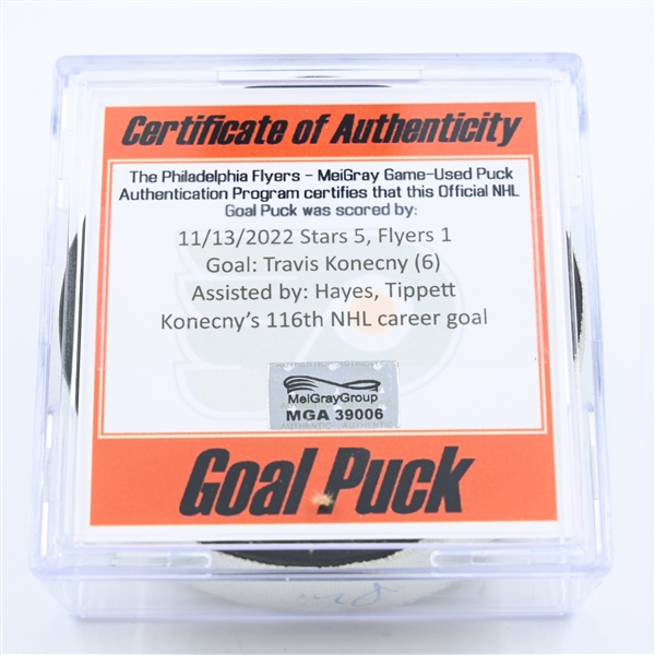Travis Konecny - Philadelphia Flyers - Goal Puck - November 13, 2022 vs. Dallas Stars (Flyers Logo) 