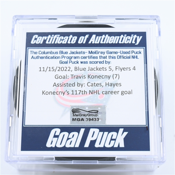 Travis Konecny - Philadelphia Flyers - Goal Puck - November 15, 2022 vs. Columbus Blue Jackets (Blue Jackets Logo) 