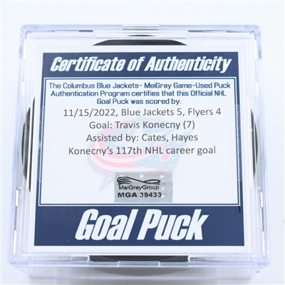 Travis Konecny - Philadelphia Flyers - Goal Puck - November 15, 2022 vs. Columbus Blue Jackets (Blue Jackets Logo) 