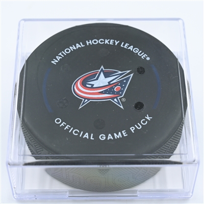 Travis Konecny - Philadelphia Flyers - Goal Puck - November 15, 2022 vs. Columbus Blue Jackets (Blue Jackets Logo) 