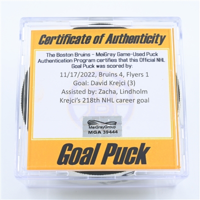 David Krejci - Boston Bruins - Goal Puck - November 17, 2022 vs. Philadelphia Flyers (Bruins Logo) 