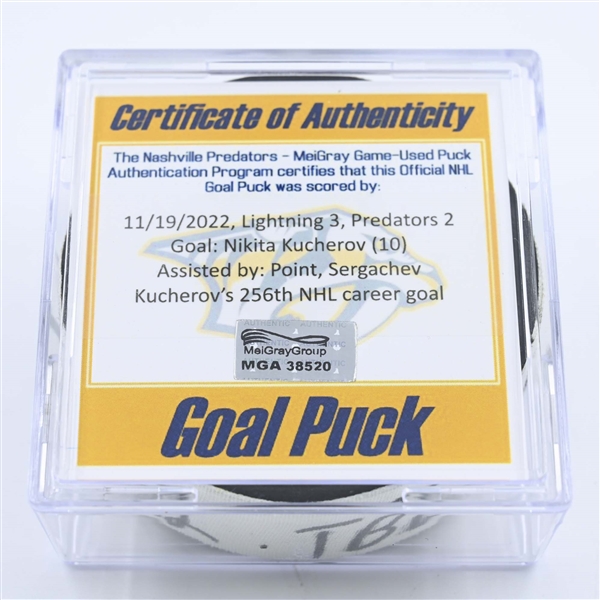 Nikita Kucherov - Tampa Bay Lightning - Goal Puck - November 19, 2022 vs. Nashville Predators (Predators Logo) 