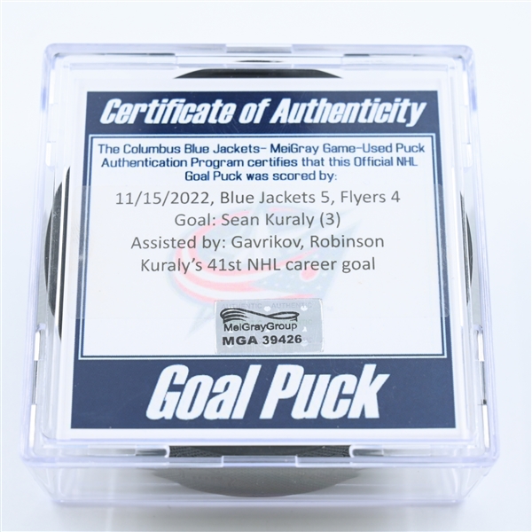 Sean Kuraly - Columbus Blue Jackets - Goal Puck - November 15, 2022 vs. Philadelphia Flyers (Blue Jackets Logo) 