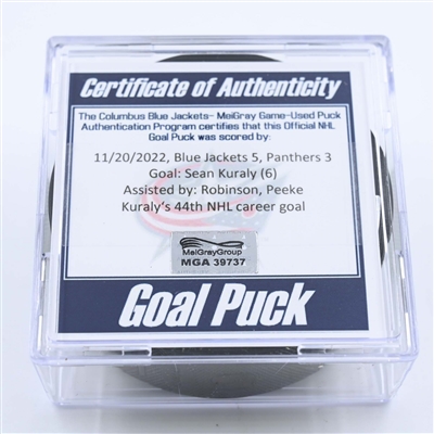 Sean Kuraly - Columbus Blue Jackets - Goal Puck - November 20, 2022 vs. Florida Panthers (Blue Jackets Logo) 