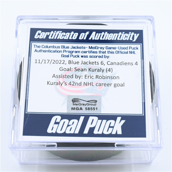 Sean Kuraly - Columbus Blue Jackets - Goal Puck - November 17, 2022 vs. Montreal Canadiens (Blue Jackets Logo) 