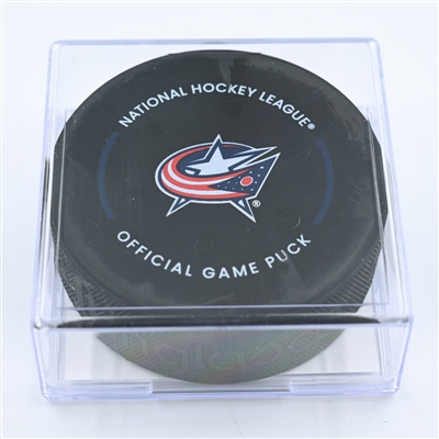Sean Kuraly - Columbus Blue Jackets - Goal Puck - November 17, 2022 vs. Montreal Canadiens (Blue Jackets Logo) 