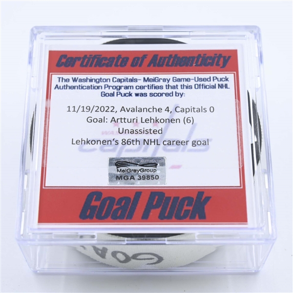 Artturi Lehkonen - Colorado Avalanche - Goal Puck - November 19, 2022 vs. Washington Capitals  (Capitals Logo) 