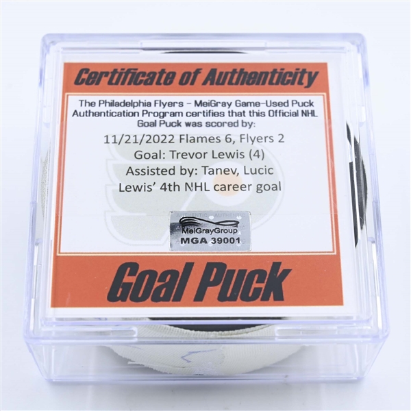 Trevor Lewis - Calgary Flames - Goal Puck - November 21, 2022 vs. Philadelphia Flyers (Flyers Logo) 