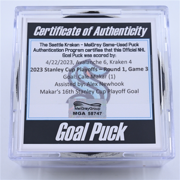 Cale Makar - Colorado Avalanche - Goal Puck - April 22, 2023 vs. Seattle Kraken - 2023 Stanley Cup Playoffs - Round 1, Game 3 (Kraken Logo) - First Playoff Game in Climate Pledge Arena History