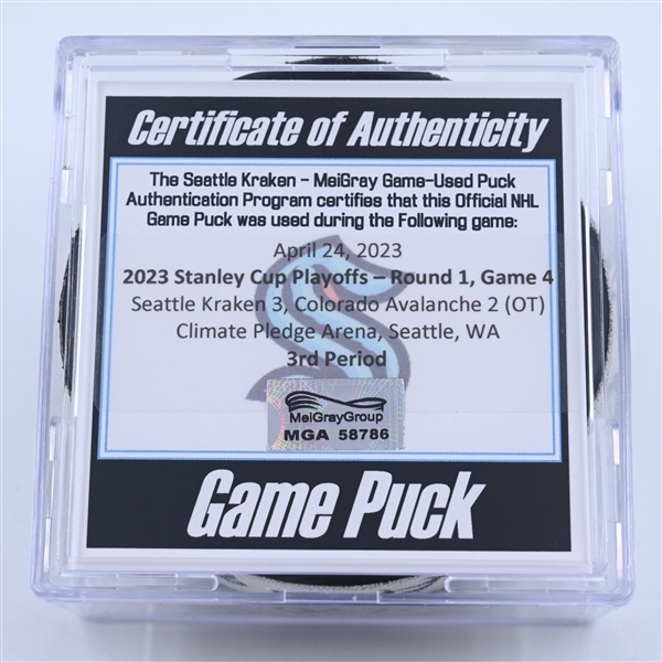 Seattle Kraken - Game Puck - April 24, 2023 vs. Colorado Avalanche - 2023 Stanley Cup Playoffs - Round 1, Game 4 - 3rd Period (Kraken Logo) 