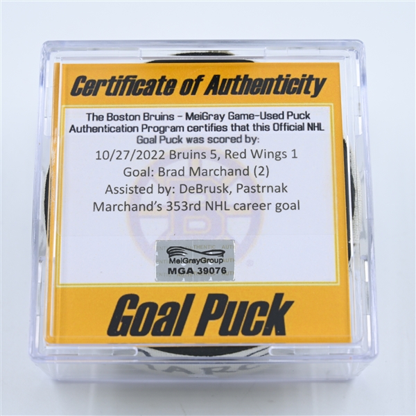 Brad Marchand - Boston Bruins - Goal Puck - October 27, 2022 vs. Detroit Red Wings (Bruins Logo)  - 2022-23 NHL Season