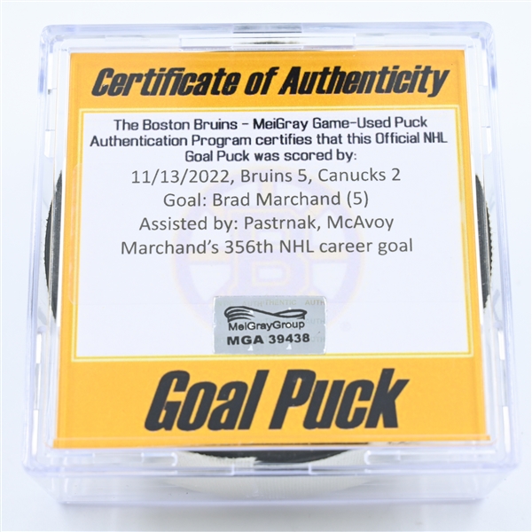 Brad Marchand - Boston Bruins - Goal Puck - November 13, 2022 vs. Vancouver Canucks (Bruins Logo) 