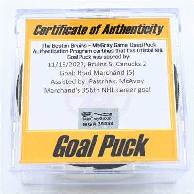Brad Marchand - Boston Bruins - Goal Puck - November 13, 2022 vs. Vancouver Canucks (Bruins Logo) 