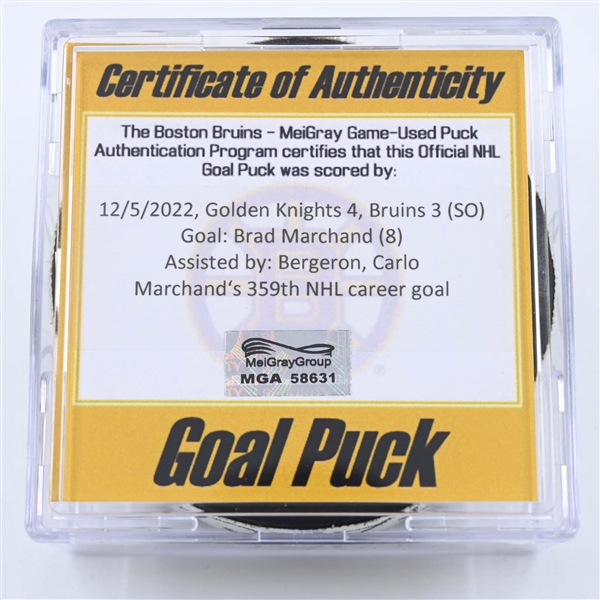Brad Marchand - Boston Bruins - Goal Puck - December 5, 2022 vs. Vegas Golden Knights (Bruins Logo) 