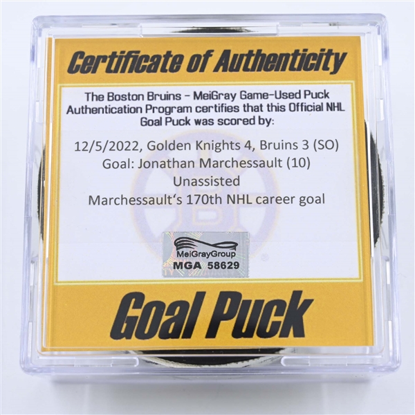 Jonathan Marchessault - Vegas Golden Knights - Goal Puck - December 5, 2022 vs. Boston Bruins (Bruins Logo) 
