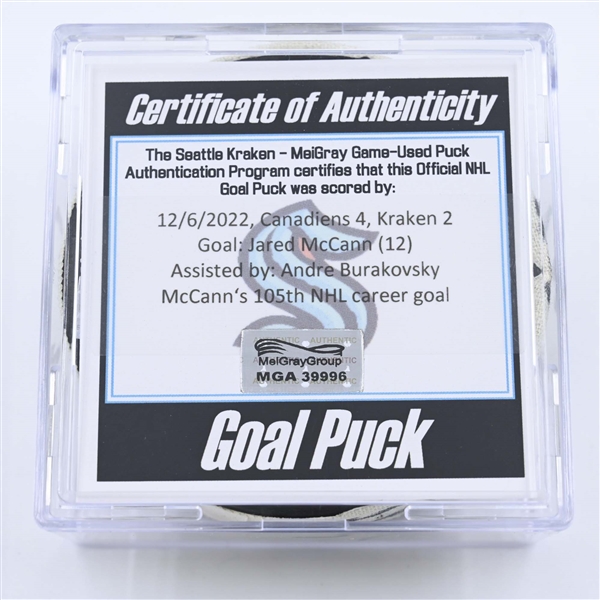Jared McCann - Seattle Kraken - Goal Puck - December 6, 2022 vs. Montreal Canadiens (Kraken Logo) 