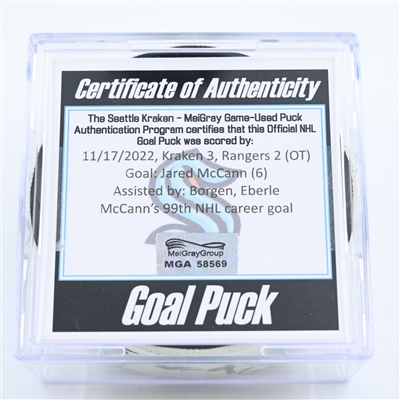 Jared McCann - Seattle Kraken - Goal Puck - November 17, 2022 vs. New York Rangers (Kraken Logo) 