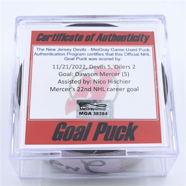 Dawson Mercer - New Jersey Devils - Goal Puck - November 21, 2022 vs. Edmonton Oilers (Devils 40th Anniversary Logo) 