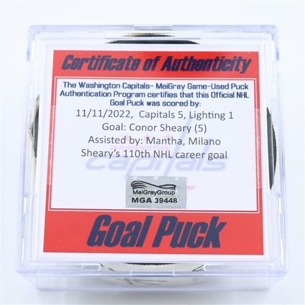 Conor Sheary - Washington Capitals - Goal Puck - November 11, 2022 vs. Tampa Bay Lightning (Capitals Logo) 