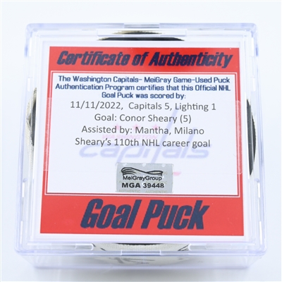 Conor Sheary - Washington Capitals - Goal Puck - November 11, 2022 vs. Tampa Bay Lightning (Capitals Logo) 