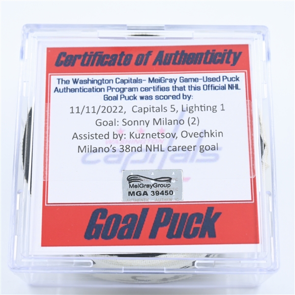 Sonny Milano - Washington Capitals - Goal Puck - November 11, 2022 vs. Tampa Bay Lightning (Capitals Logo) 