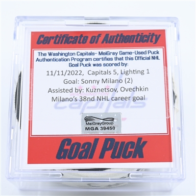 Sonny Milano - Washington Capitals - Goal Puck - November 11, 2022 vs. Tampa Bay Lightning (Capitals Logo) 