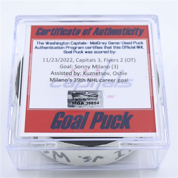 Sonny Milano - Washington Capitals - Goal Puck - November 23, 2022 vs. Philadelphia Flyers (Capitals Logo) 