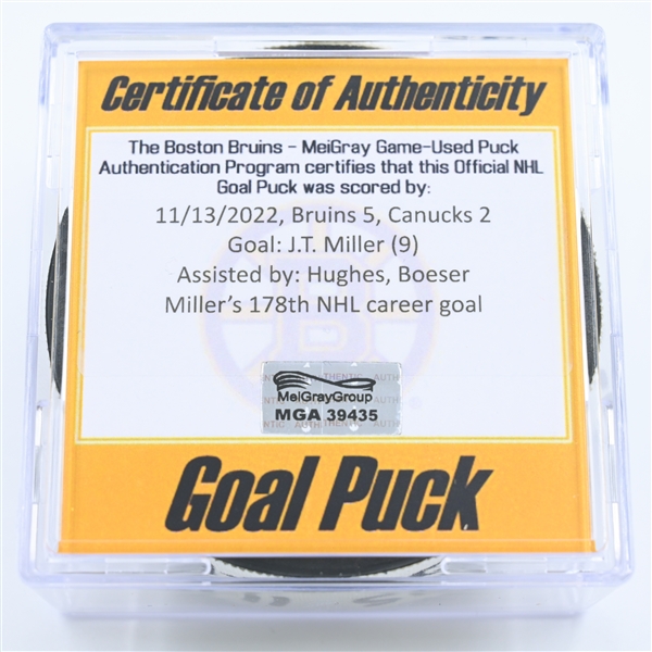 J.T. Miller - Vancouver Canucks - Goal Puck - November 13, 2022 vs. Boston Bruins (Bruins Logo) 