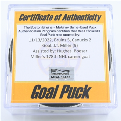 J.T. Miller - Vancouver Canucks - Goal Puck - November 13, 2022 vs. Boston Bruins (Bruins Logo) 