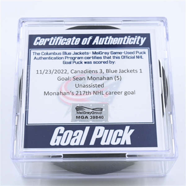 Sean Monahan - Montreal Canadiens - Goal Puck - November 23, 2022 vs. Columbus Blue Jackets (Blue Jackets Logo) 