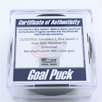 Sean Monahan - Montreal Canadiens - Goal Puck - November 23, 2022 vs. Columbus Blue Jackets (Blue Jackets Logo) 