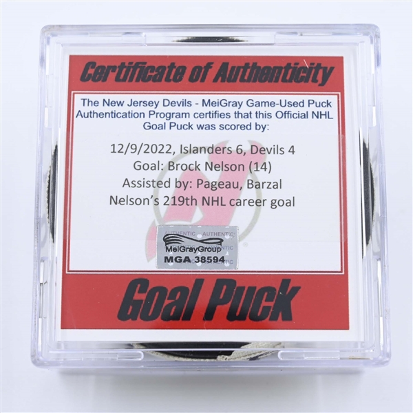 Brock Nelson - New York Islanders - Goal Puck - December 9, 2022 vs. New Jersey Devils (Devils 40th Anniversary Logo) 