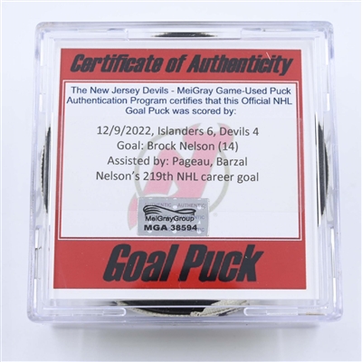 Brock Nelson - New York Islanders - Goal Puck - December 9, 2022 vs. New Jersey Devils (Devils 40th Anniversary Logo) 