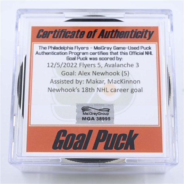 Alex Newhook - Colorado Avalanche - Goal Puck - December 5, 2022 vs. Philadelphia Flyers (Flyers Logo) 